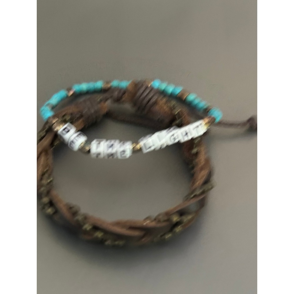 Boho Be The Light Braided Leather Turquoise Beaded Adjustable Bracelet Set